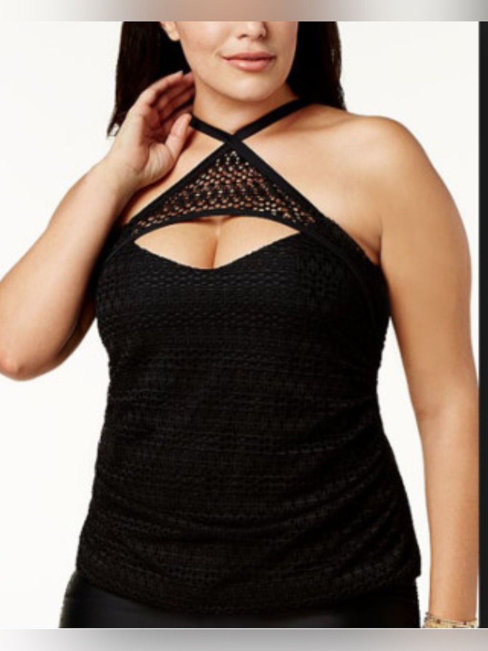 Island Escape Plus-Size Black Crochet Halter Tankini Top